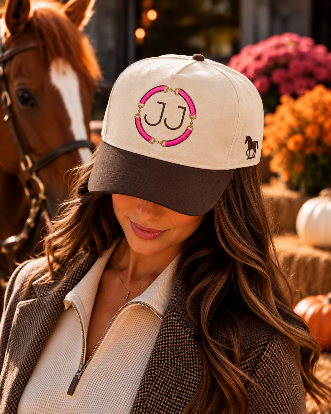 Personalized Equestrian Trucker Hat, Custom Initials, Horse Bit Embroidery (Orange or Pink)