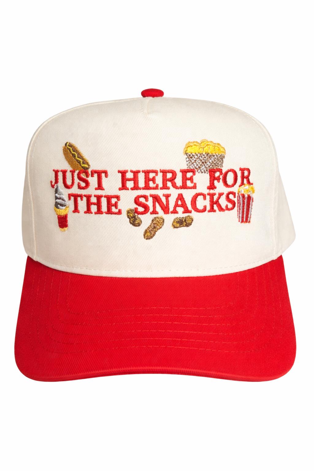 Just Here for the Snacks Trucker Hat | Funny Snack Hat | Red Snapback Cap | Fair Rodeo Baseball Game Hat