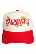 Just Here for the Snacks Trucker Hat | Funny Snack Hat | Red Snapback Cap | Fair Rodeo Baseball Game Hat