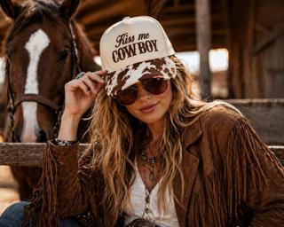 Kiss Me Cowboy Trucker Hat | Cow Print Western Snapback | Flirty Country Concert Hat | Boutique Western Cap