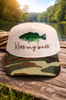 Kiss My Bass Trucker Hat | Embroidered Camo Fishing Cap, Lake Life Snapback