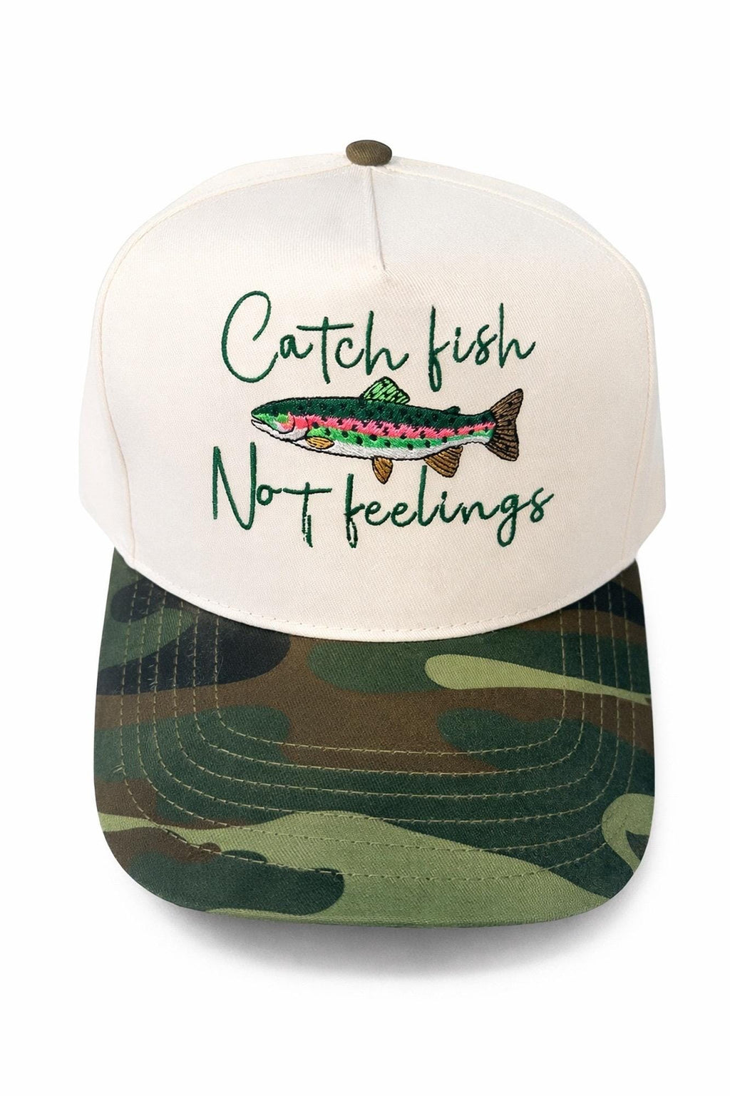 Embroidered Trout Trucker Hat | Catch Fish Not Feelings, Camo Snapback