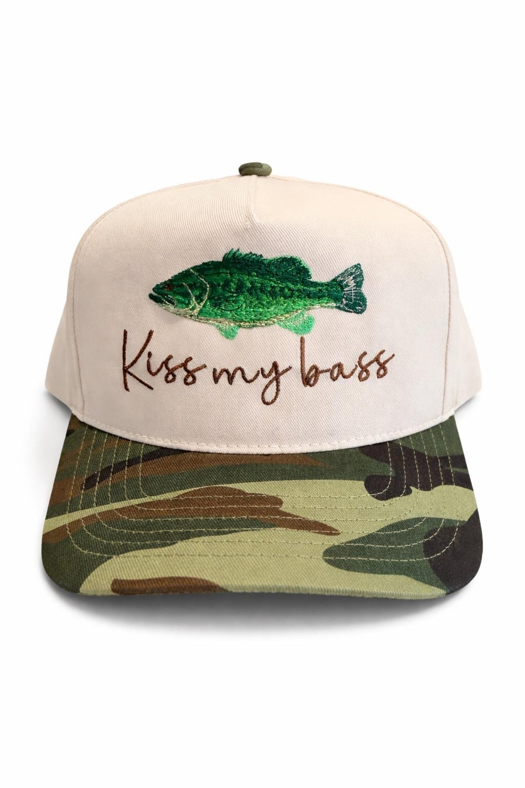 Kiss My Bass Trucker Hat | Embroidered Camo Fishing Cap, Lake Life Snapback