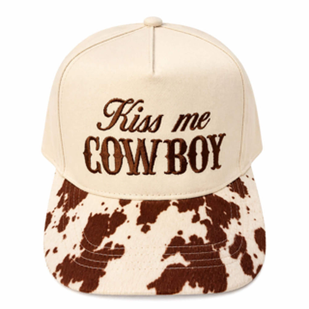 Kiss Me Cowboy Trucker Hat | Cow Print Western Snapback | Flirty Country Concert Hat | Boutique Western Cap