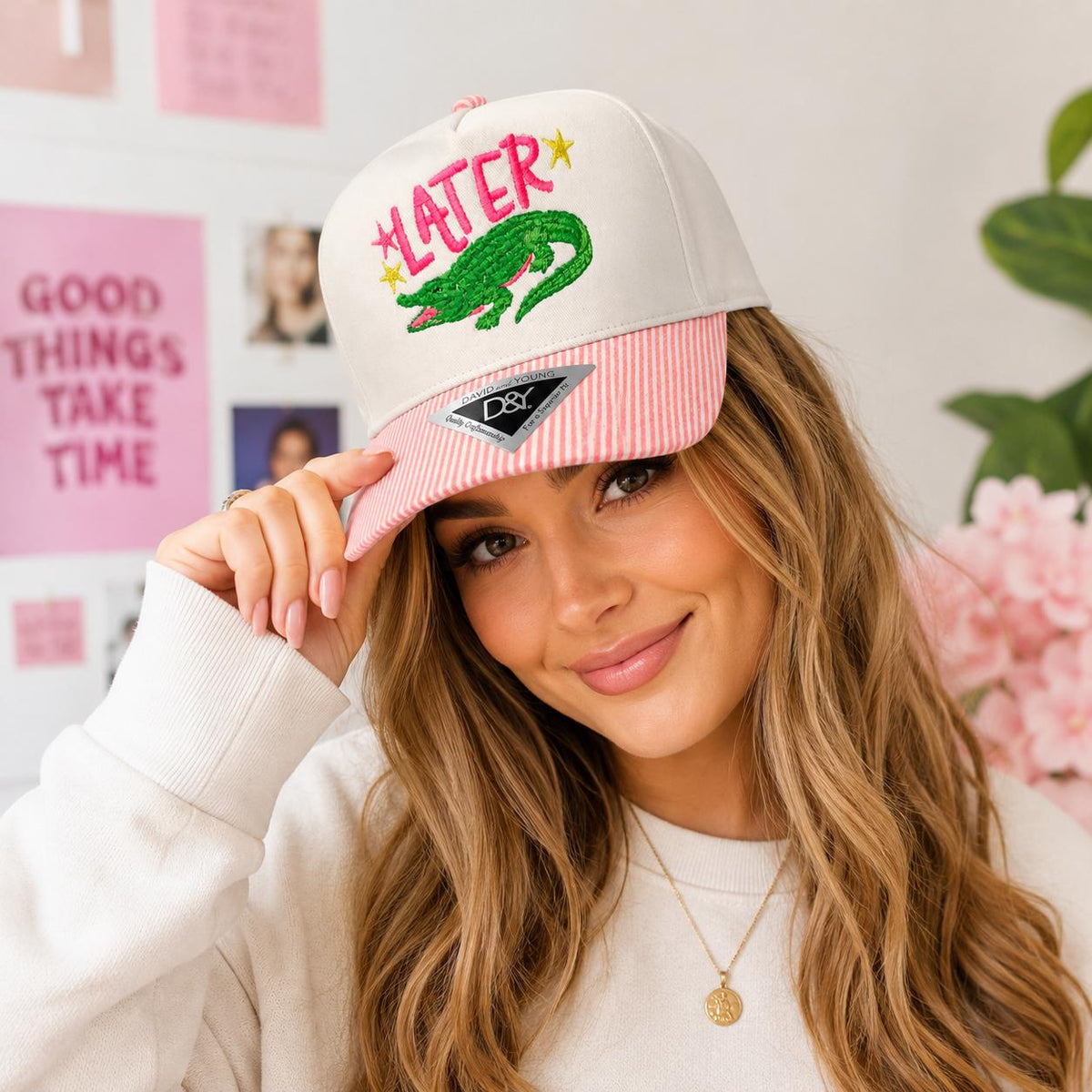 Later Gator Trucker Hat | Pink Stripe Snapback | Girly Southern Boutique Hat | Trendy Womens Cap