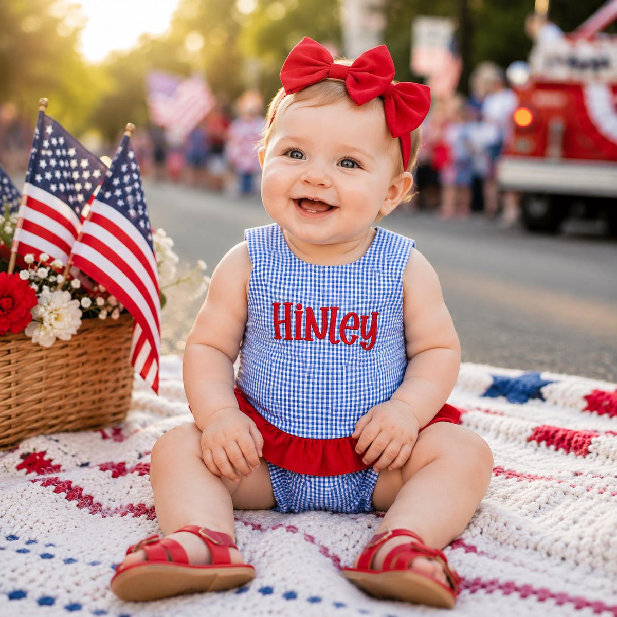 Personalized Baby Girl Gingham Romper, Patriotic Red White Blue Outfit