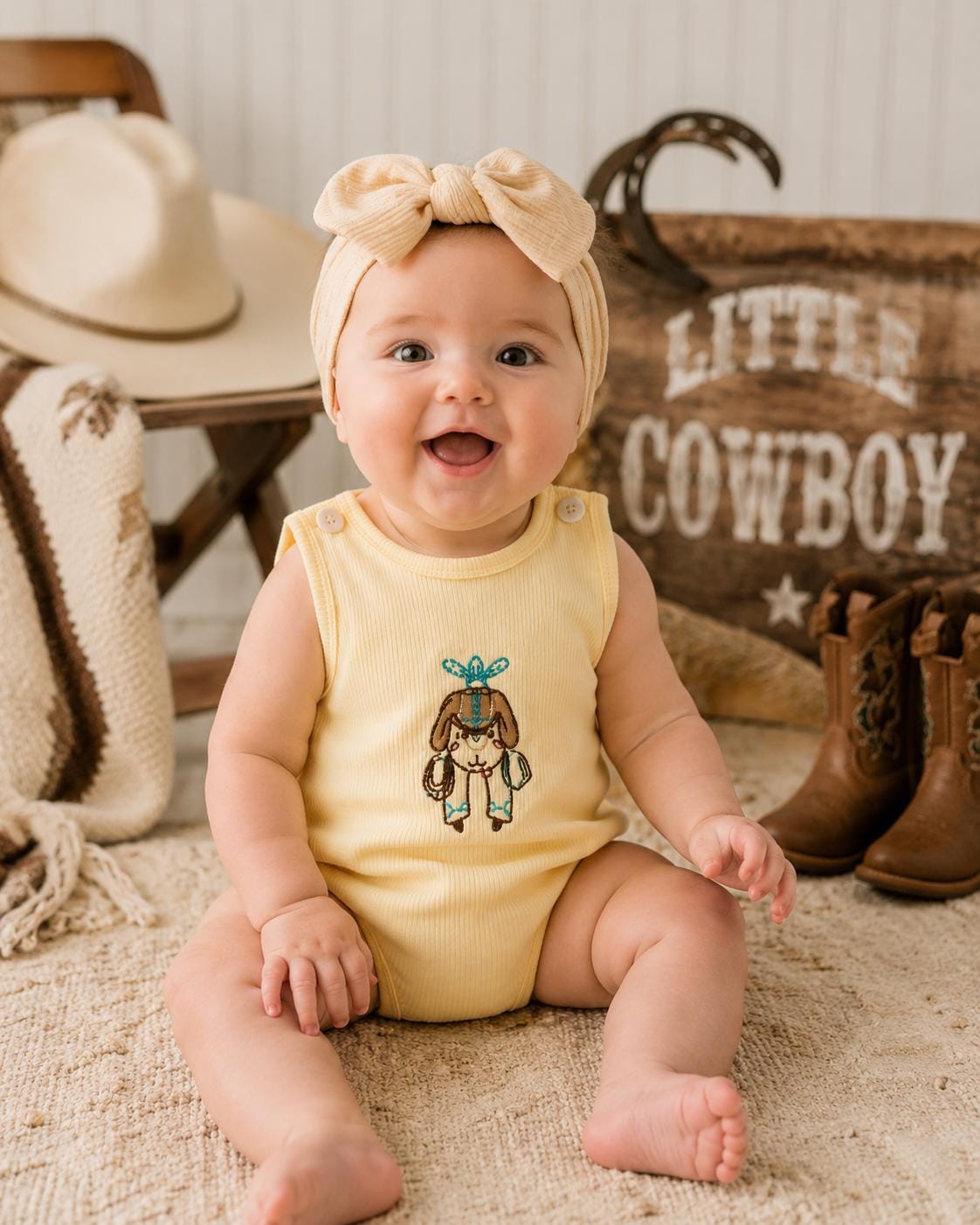 Western Baby Bubble Romper | Cowboy Cowgirl Outfit | Neutral Baby Clothes | Embroidered Infant Romper