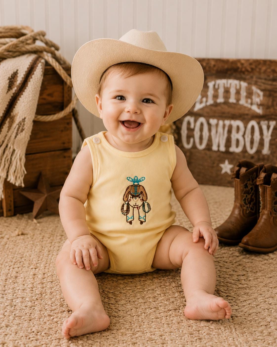 Western Baby Bubble Romper | Cowboy Cowgirl Outfit | Neutral Baby Clothes | Embroidered Infant Romper