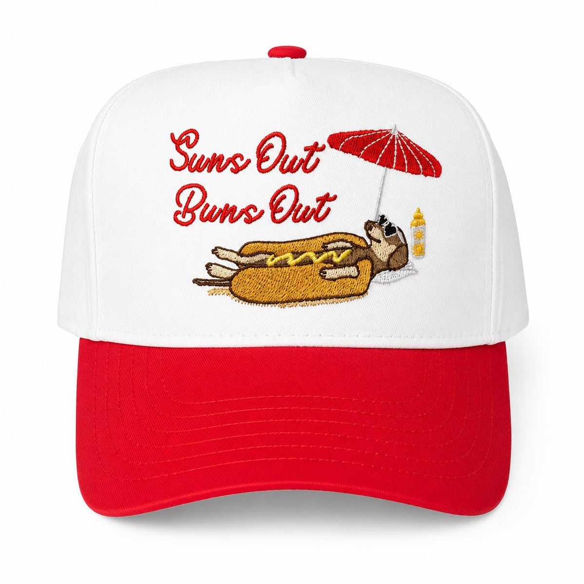 Suns Out Buns Out Trucker Hat: Red Brim, Embroidered Hot Dog Design