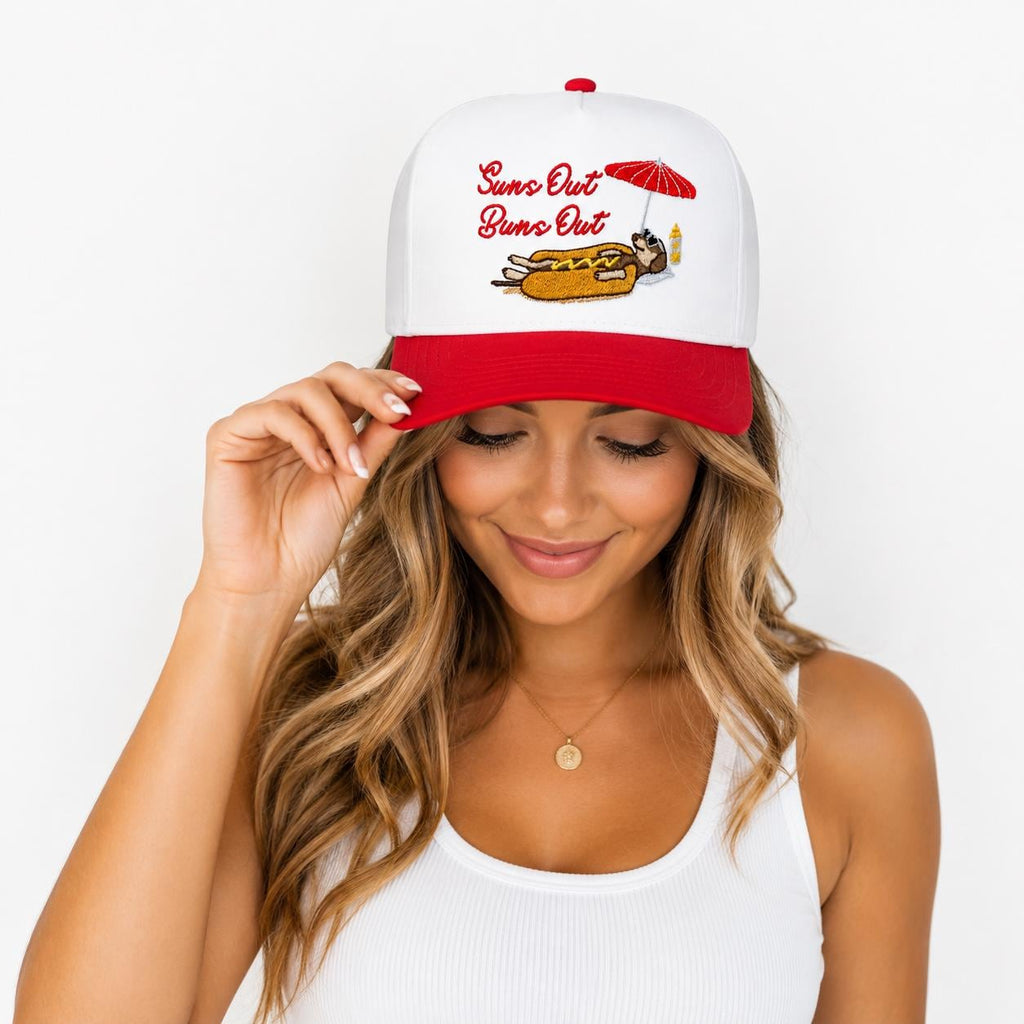 Suns Out Buns Out Trucker Hat: Red Brim, Embroidered Hot Dog Design