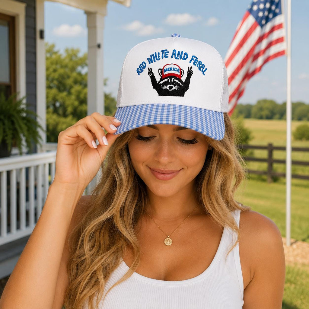 Red White Feral Raccoon Trucker Hat | Patriotic Gingham Summer Cap