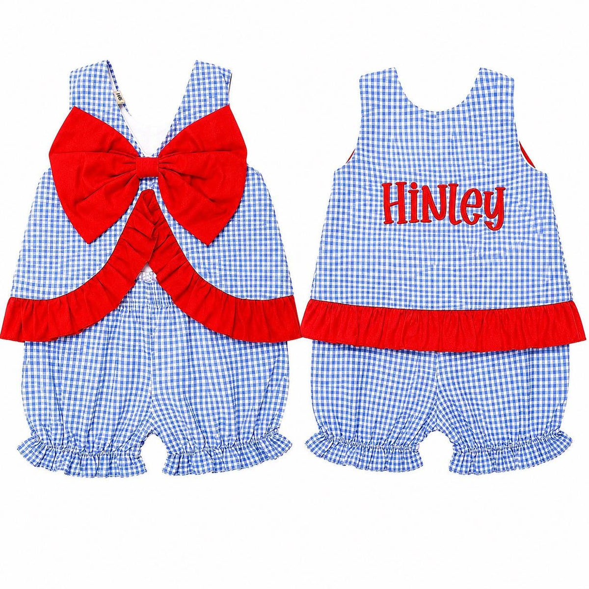Personalized Baby Girl Gingham Romper, Patriotic Red White Blue Outfit