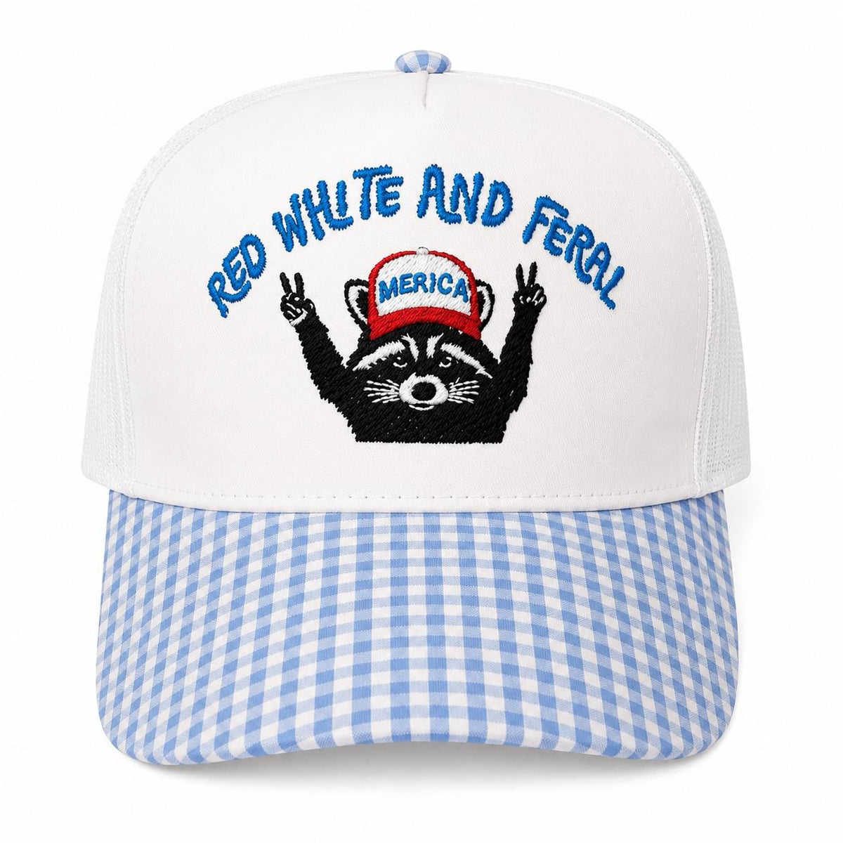 Red White Feral Raccoon Trucker Hat | Patriotic Gingham Summer Cap