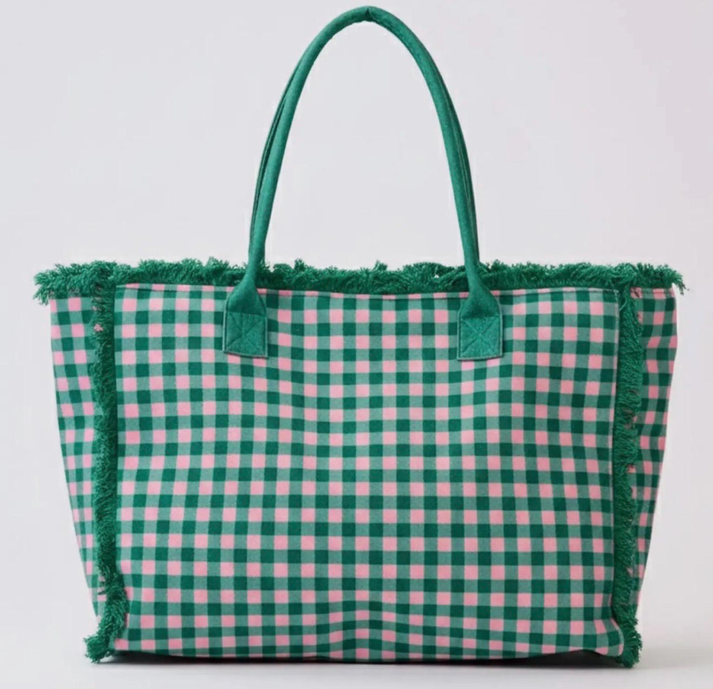 Personalized Gingham Tote Bag, Custom Embroidery, Frayed Trim Detail (Oversized)