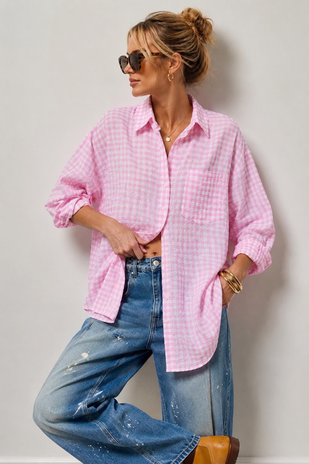 Embroidered Pink Gingham Oversized Button Down Shirt: Marina Resort Wear