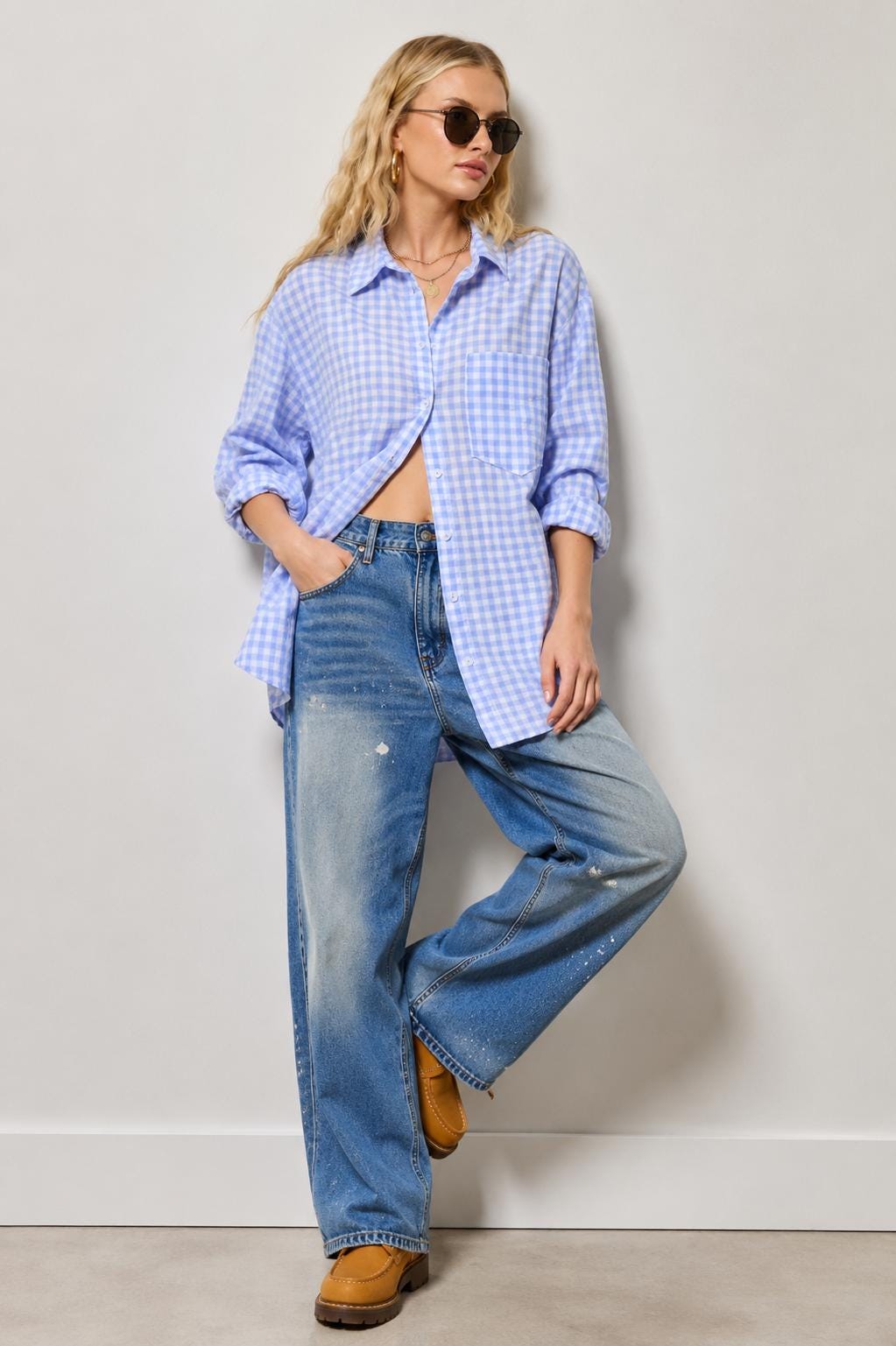 Embroidered Blue Gingham Beach Cover Up Shirt – Oversized Button Down Lake Life Resort Wear