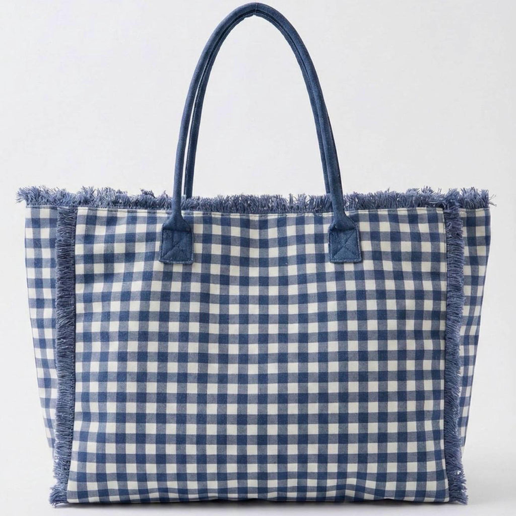 Personalized Blue Gingham Tote Bag, Embroidered Name, Game Day Sports Bag