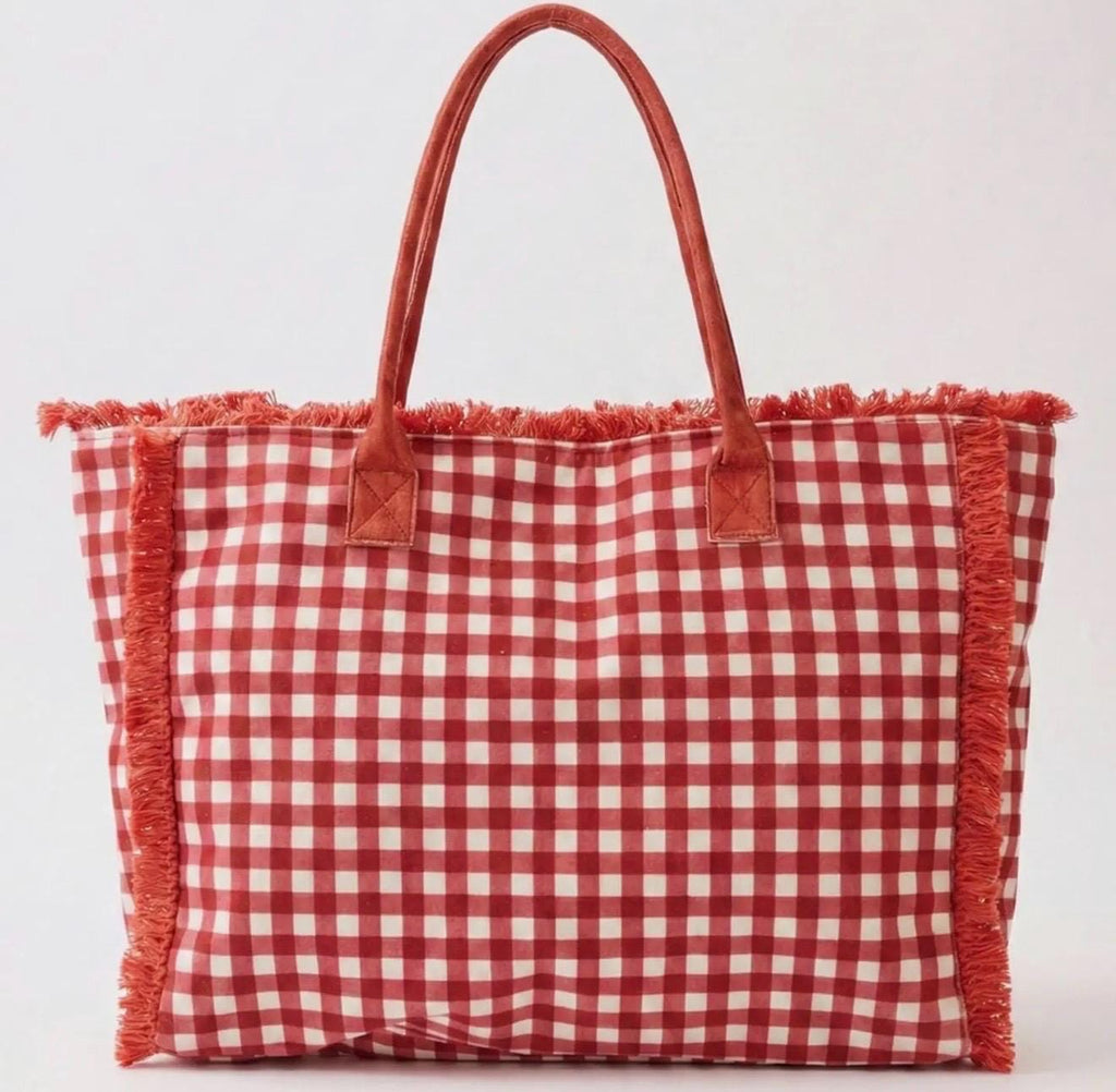 Personalized Red Gingham Tote Bag, Custom Name, Fringe Trim, Game Day, Rush Bag