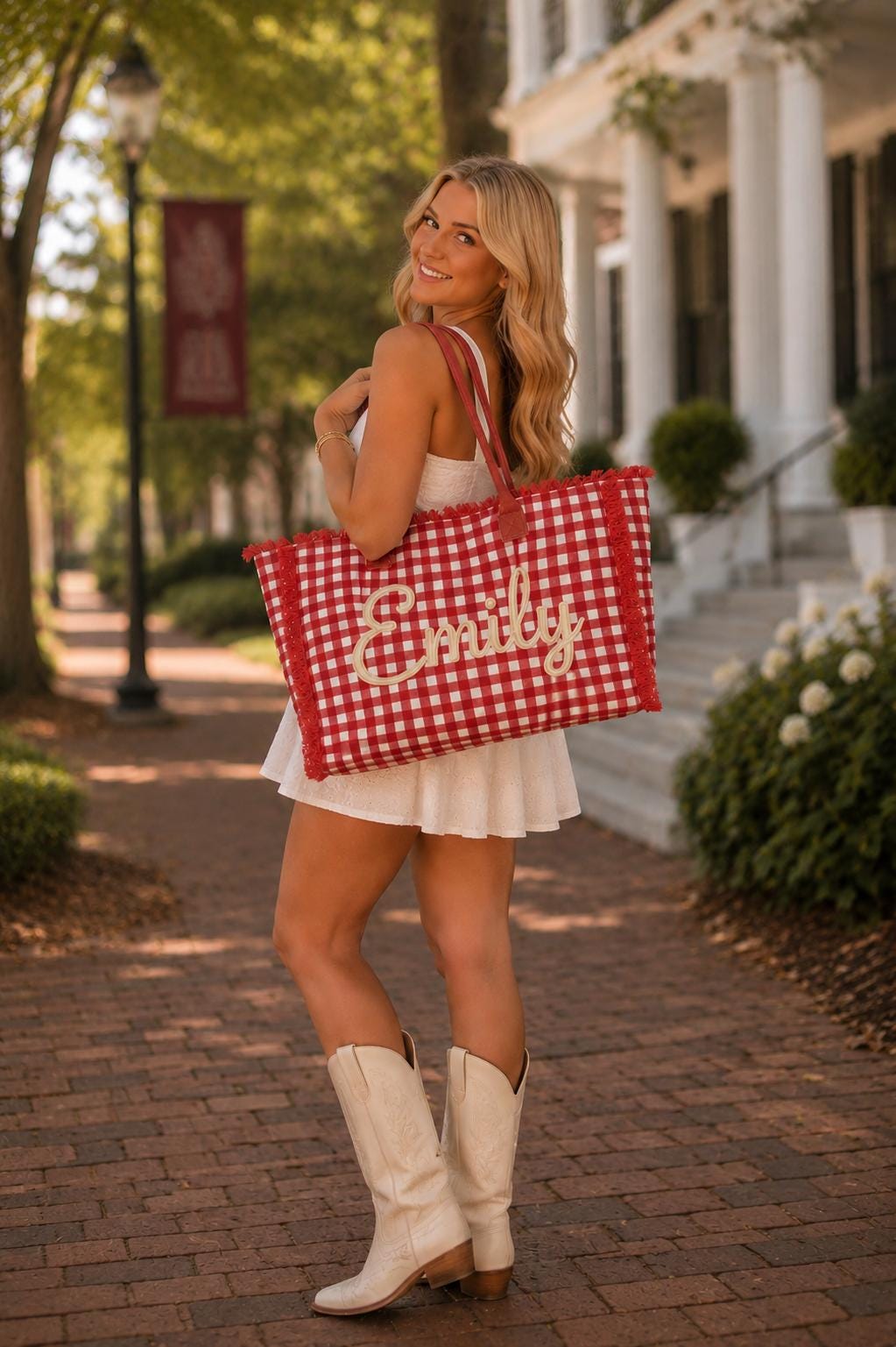 Personalized Red Gingham Tote Bag, Custom Name, Fringe Trim, Game Day, Rush Bag