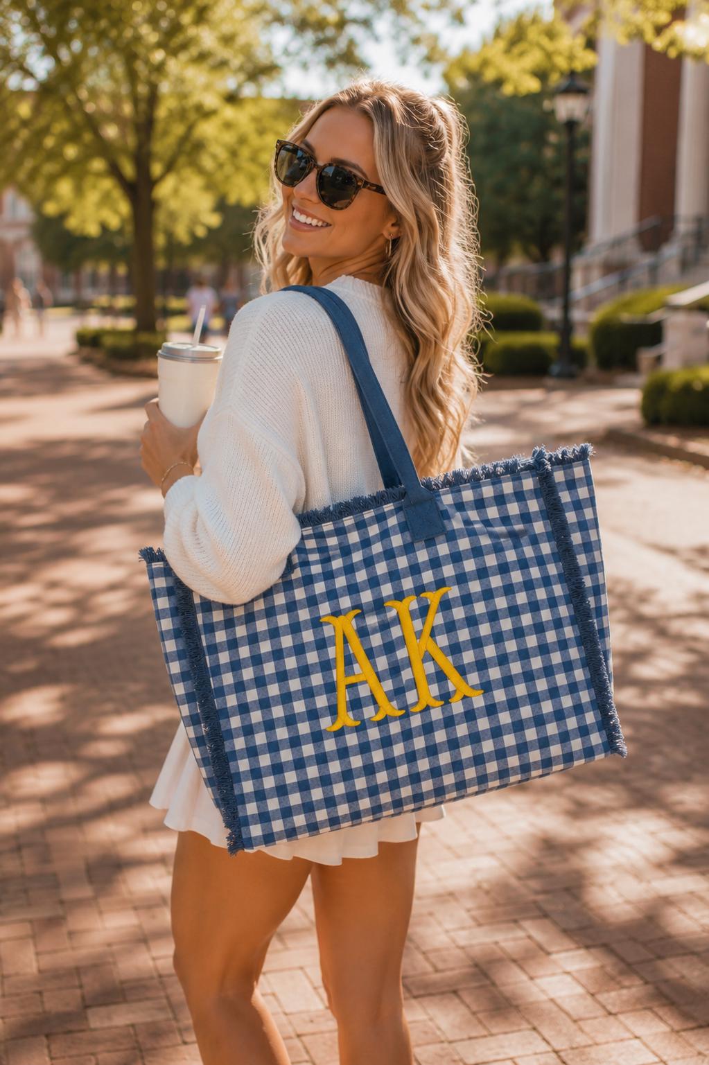 Personalized Blue Gingham Tote Bag, Embroidered Name, Game Day Sports Bag
