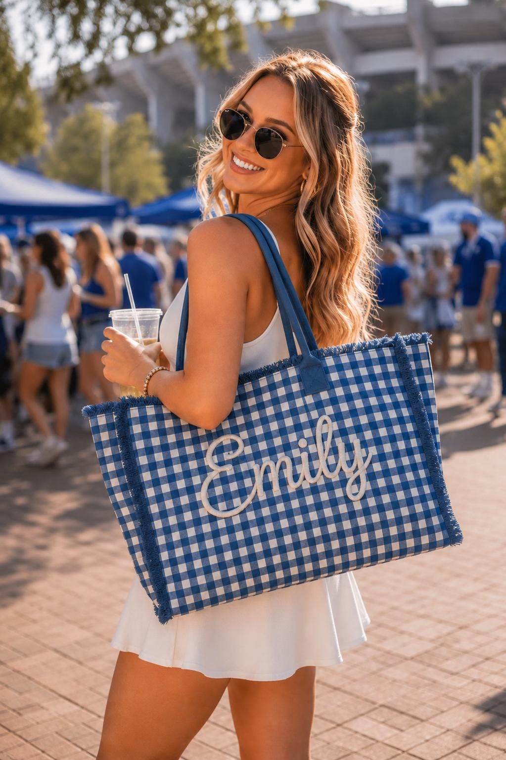 Personalized Blue Gingham Tote Bag, Embroidered Name, Game Day Sports Bag