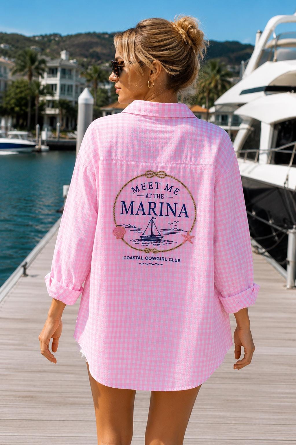 Embroidered Pink Gingham Oversized Button Down Shirt: Marina Resort Wear