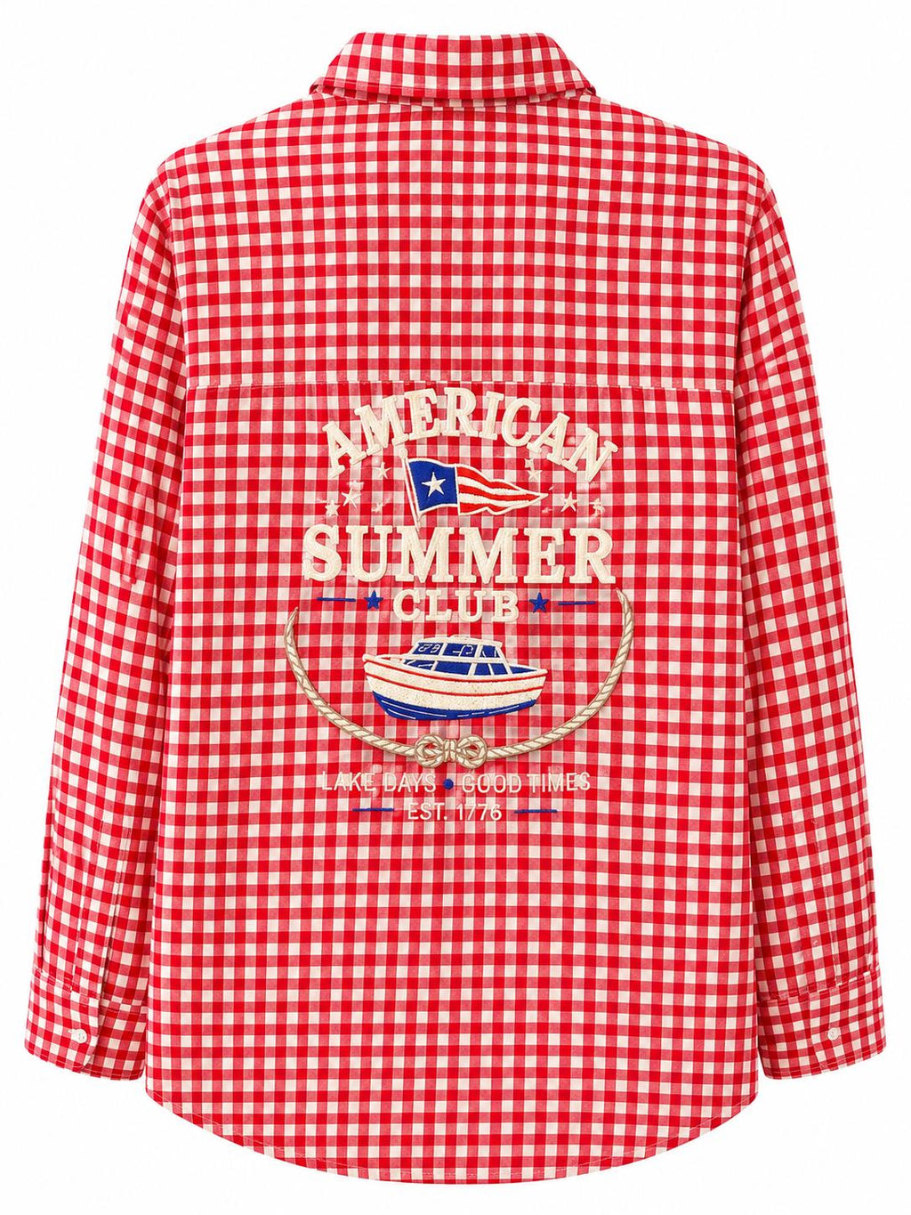 Red Gingham Beach Cover Up: Oversized Embroidered Lake Life Shirt