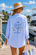 Embroidered Blue Gingham Beach Cover Up Shirt – Oversized Button Down Lake Life Resort Wear