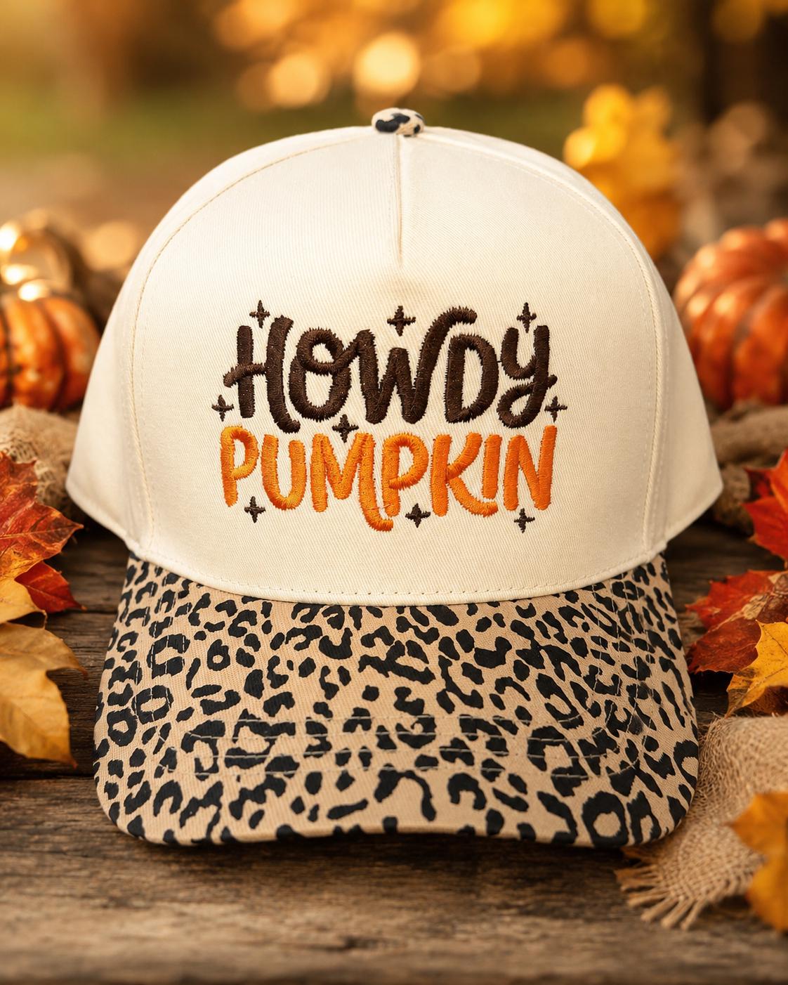 Howdy Pumpkin Leopard Trucker Hat, Embroidered Cheetah Print Brim, Fall Cowgirl Cap