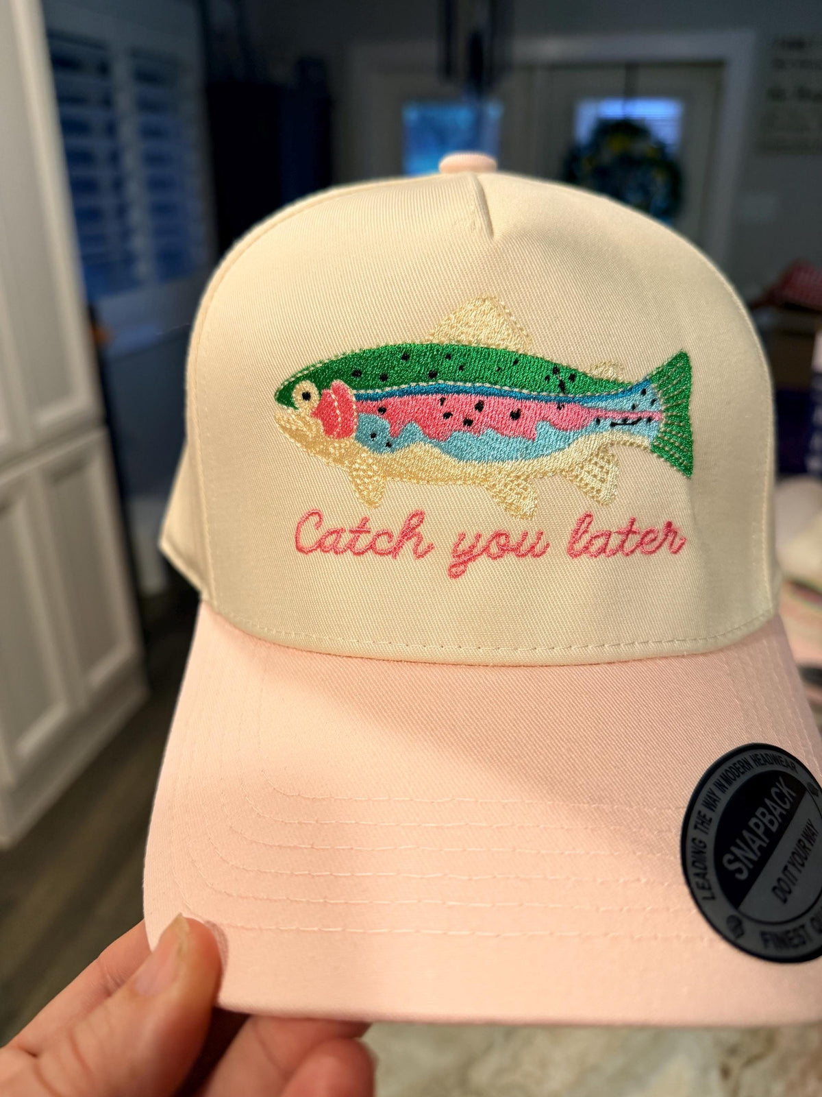 Embroidered Trout Fishing Hat: Pink Preppy Trucker Baseball Cap