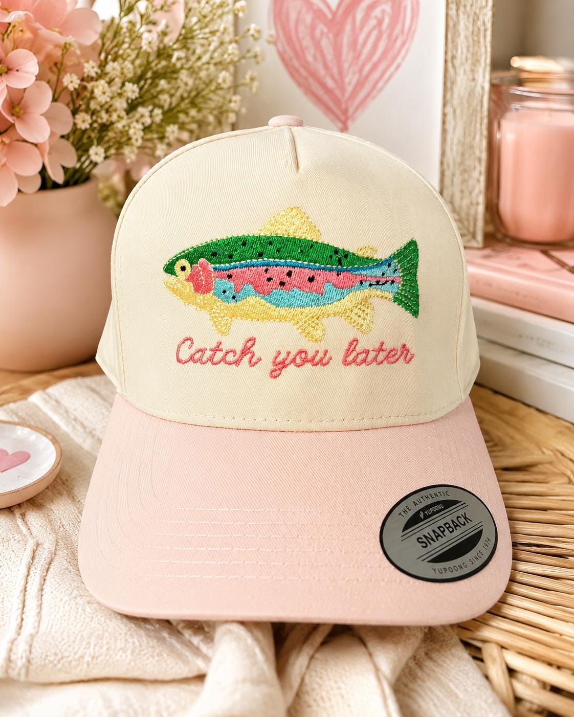 Embroidered Trout Fishing Hat: Pink Preppy Trucker Baseball Cap