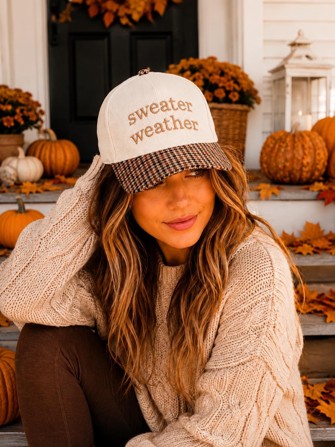 Sweater Weather Hat Fall Trucker Hat for Women Cozy Autumn Embroidered Baseball Cap