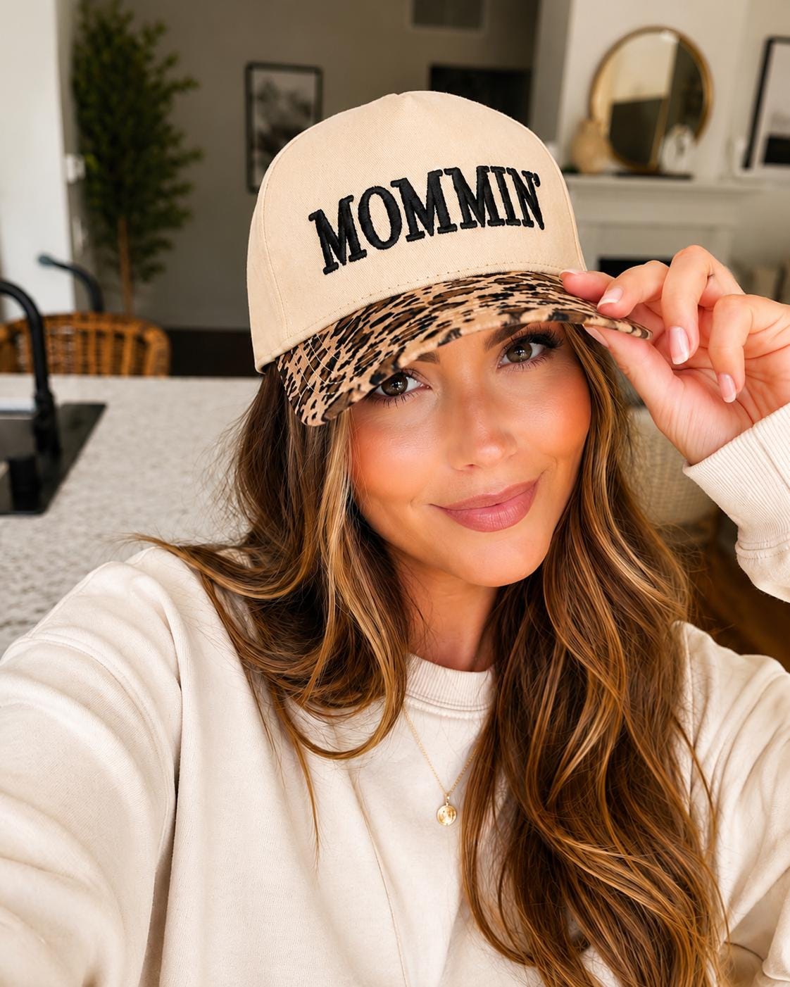 Mommin Puff Embroidered Trucker Hat, Leopard Print Bill Baseball Cap