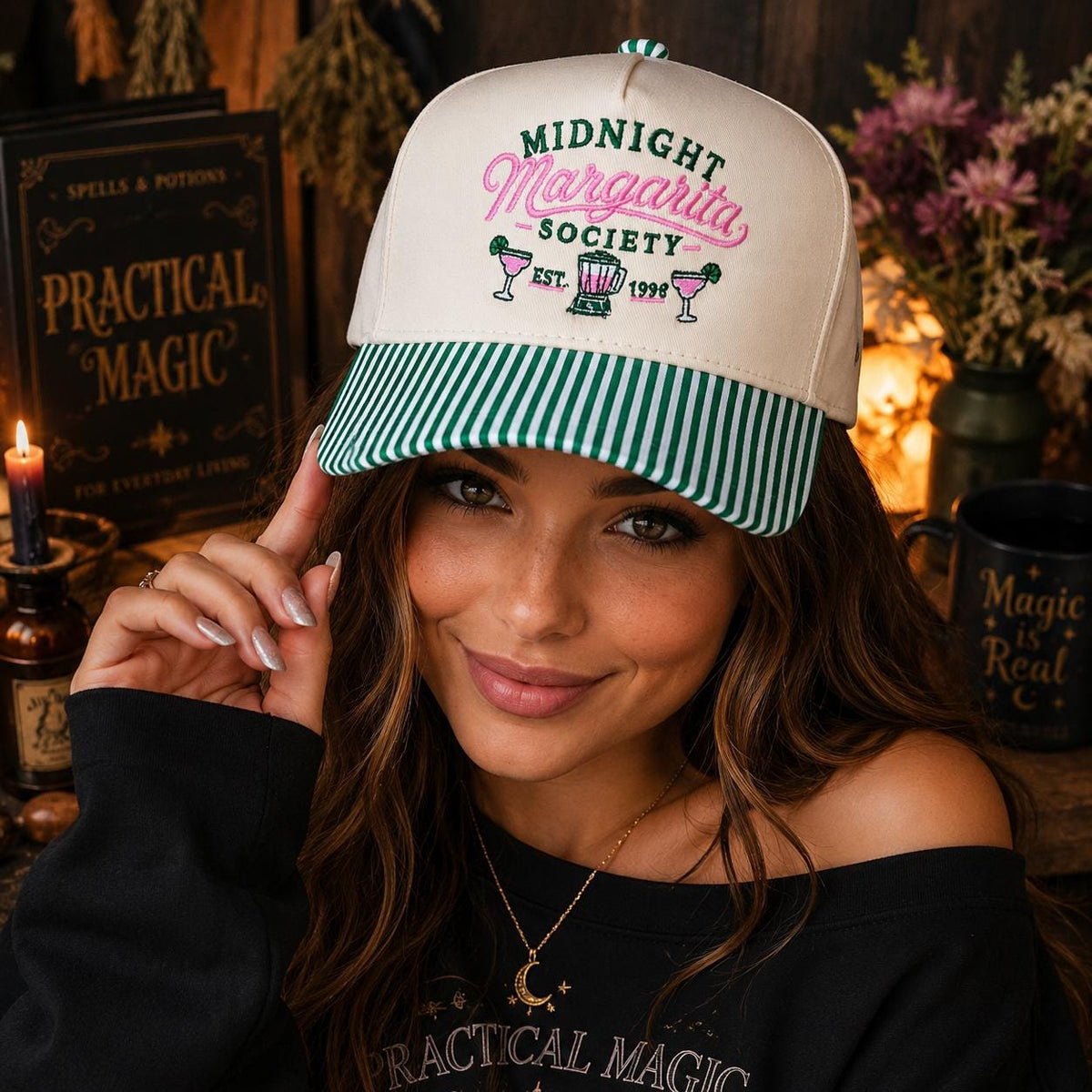 Embroidered Margarita Trucker Hat, Cream Green Girls Trip Vacation Hat