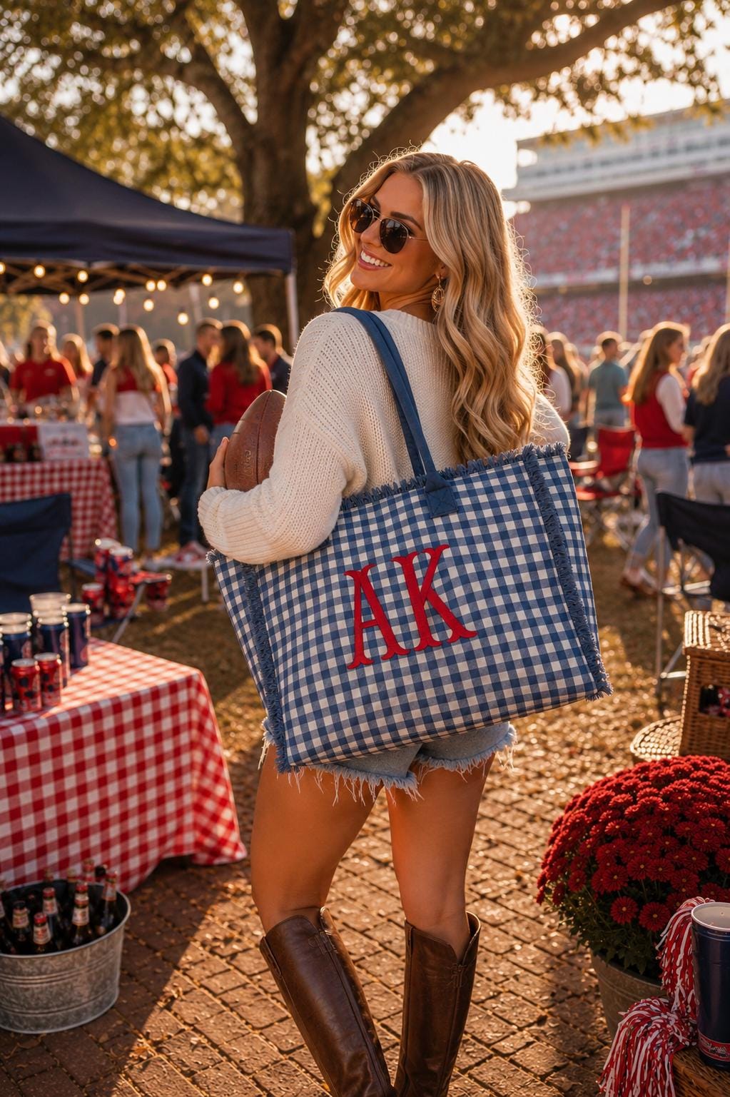 Personalized Blue Gingham Tote Bag, Embroidered Name, Game Day Sports Bag