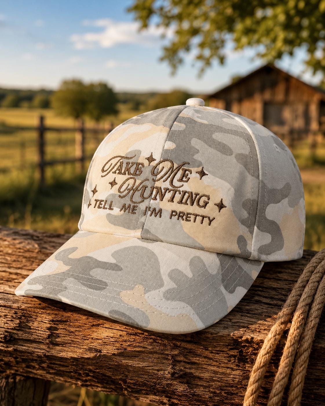 Take Me Hunting Tell Me I’m Pretty Embroidered Beige Camo Hat