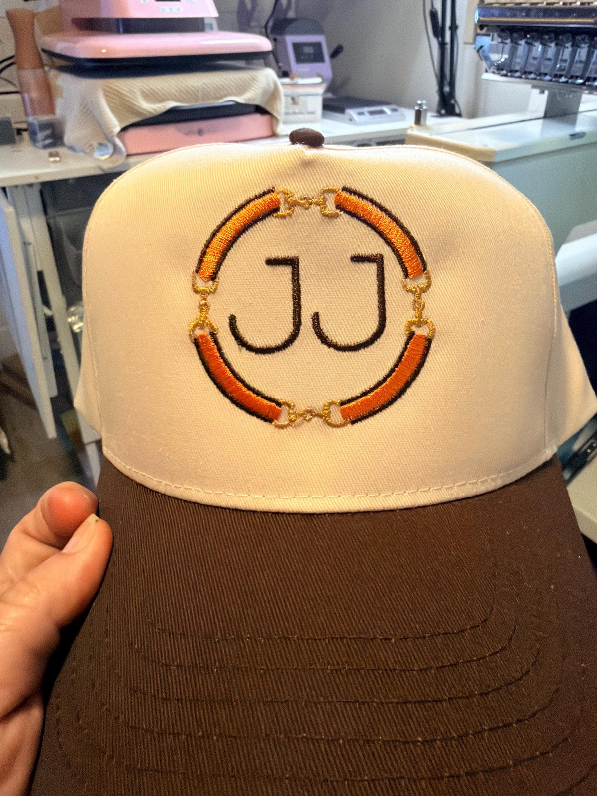 Personalized Equestrian Trucker Hat, Custom Initials, Horse Bit Embroidery (Orange or Pink)
