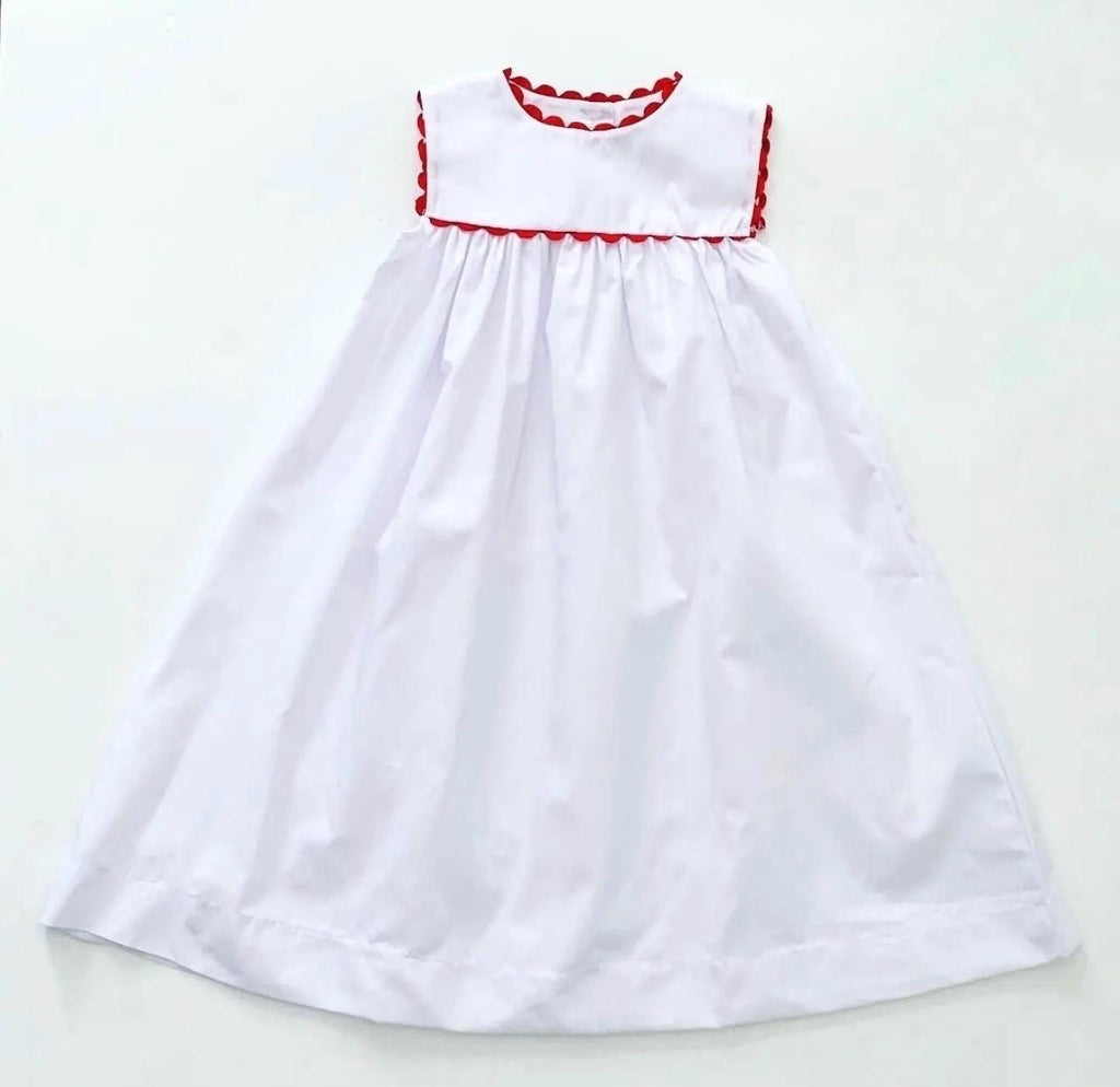 Personalized White Girls Dress with Red Ric Rac Trim – Baby Toddler Kids Dress
