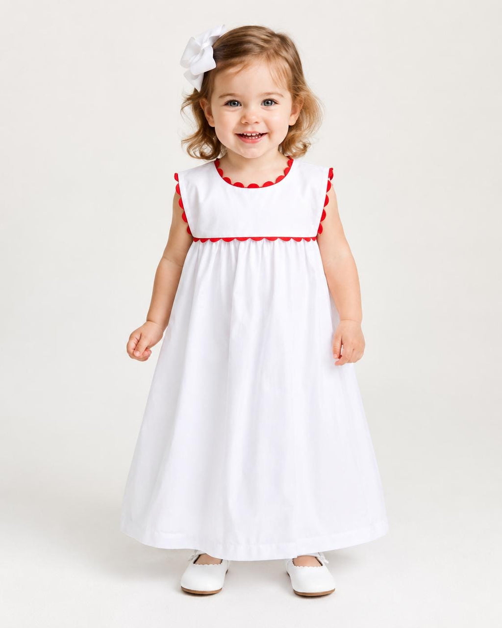 Personalized White Girls Dress with Red Ric Rac Trim – Baby Toddler Kids Dress