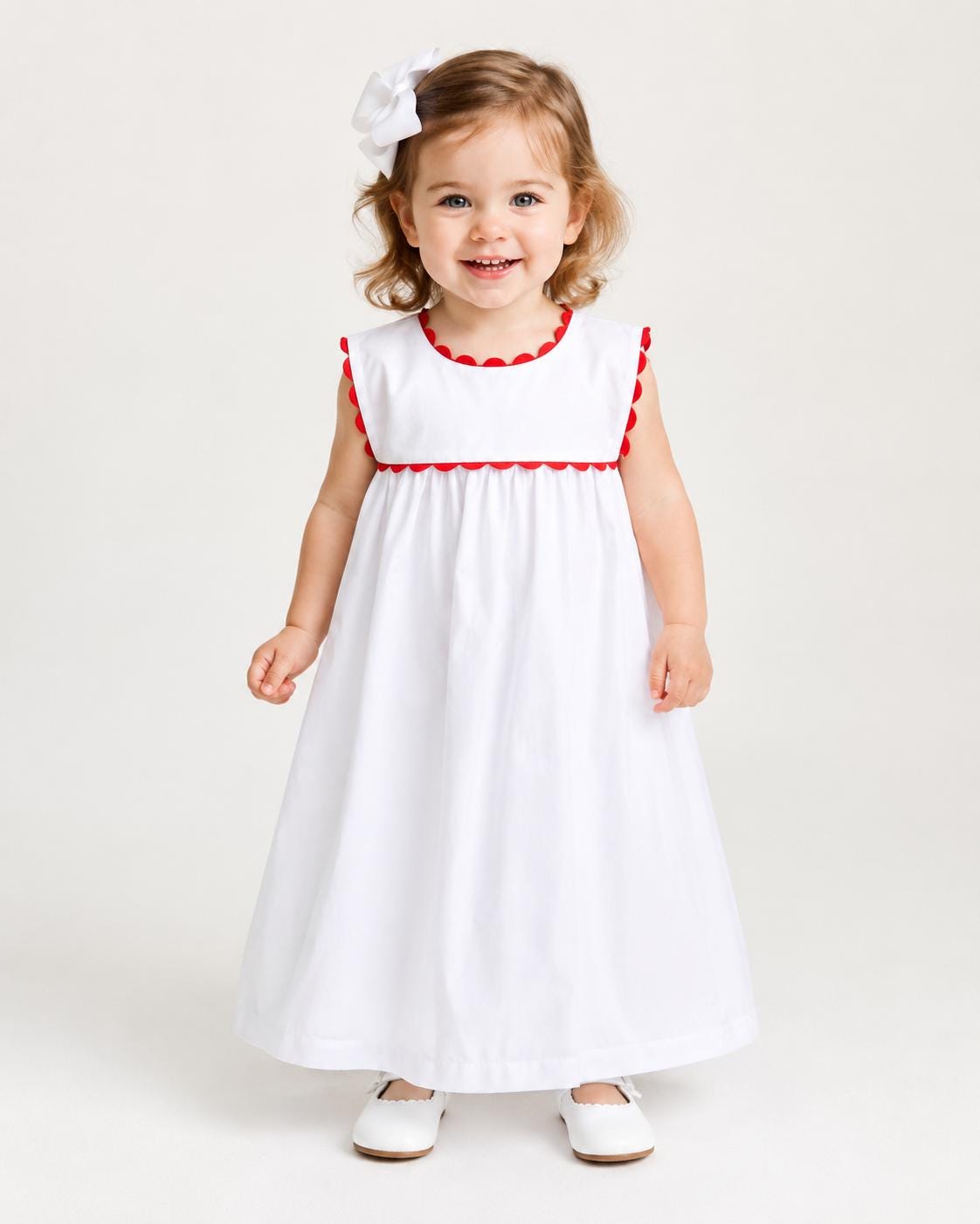 Personalized White Girls Dress with Red Ric Rac Trim – Baby Toddler Kids Dress