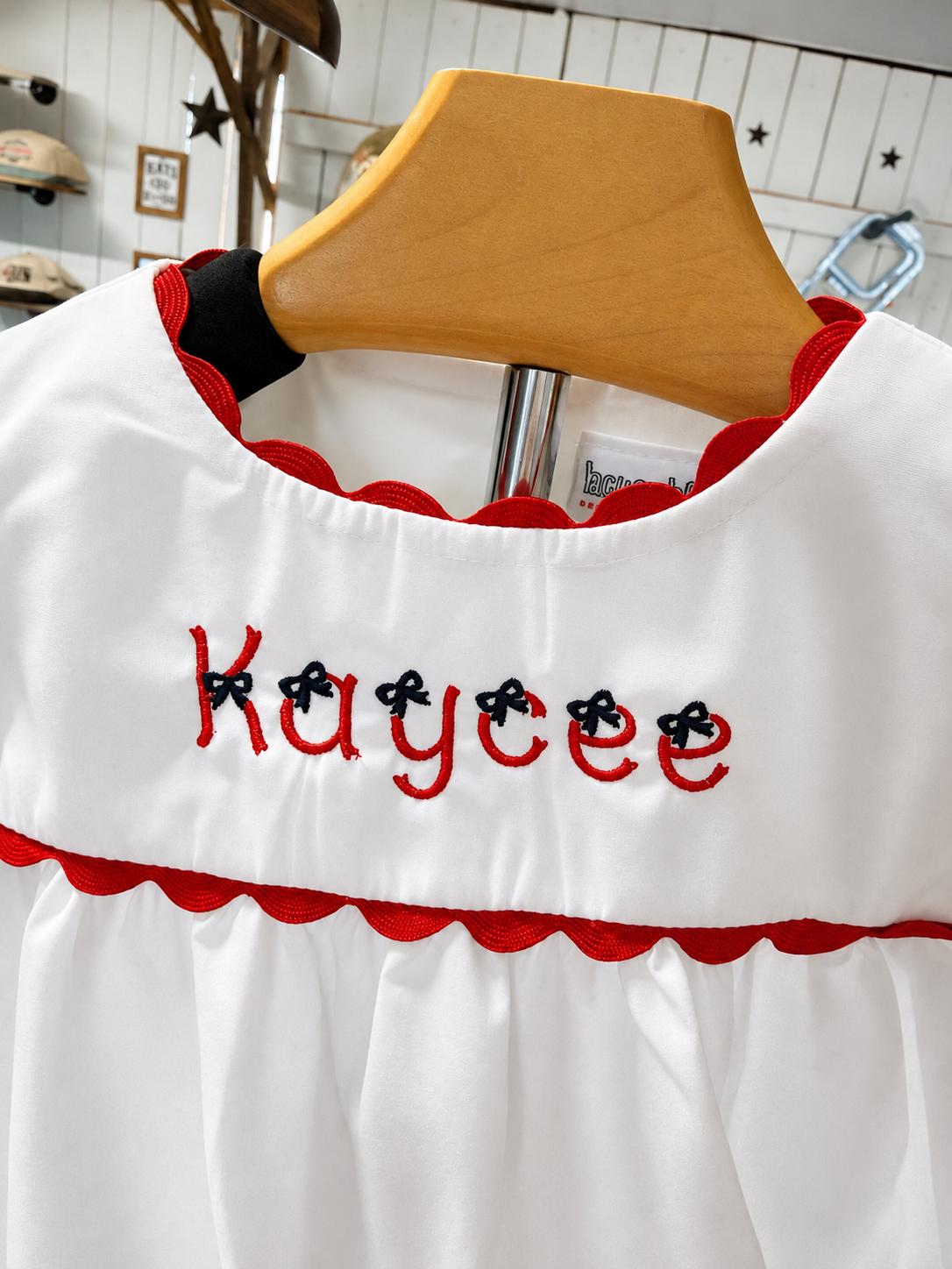 Personalized White Girls Dress with Red Ric Rac Trim – Baby Toddler Kids Dress