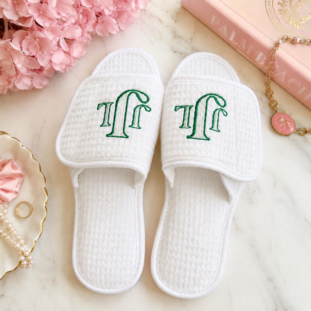 Personalized White Waffle Spa Slippers: Custom Embroidered Monogram, Name, Bridal Gift