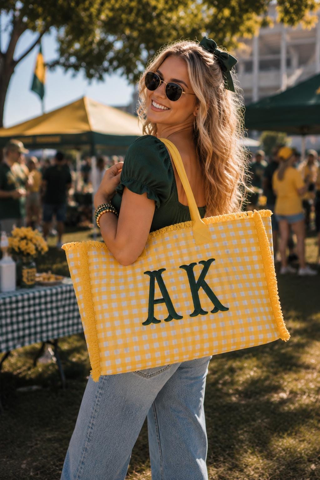 Personalized Yellow Gingham Tote Bag, Custom Name Embroidery, Frayed Trim Detail