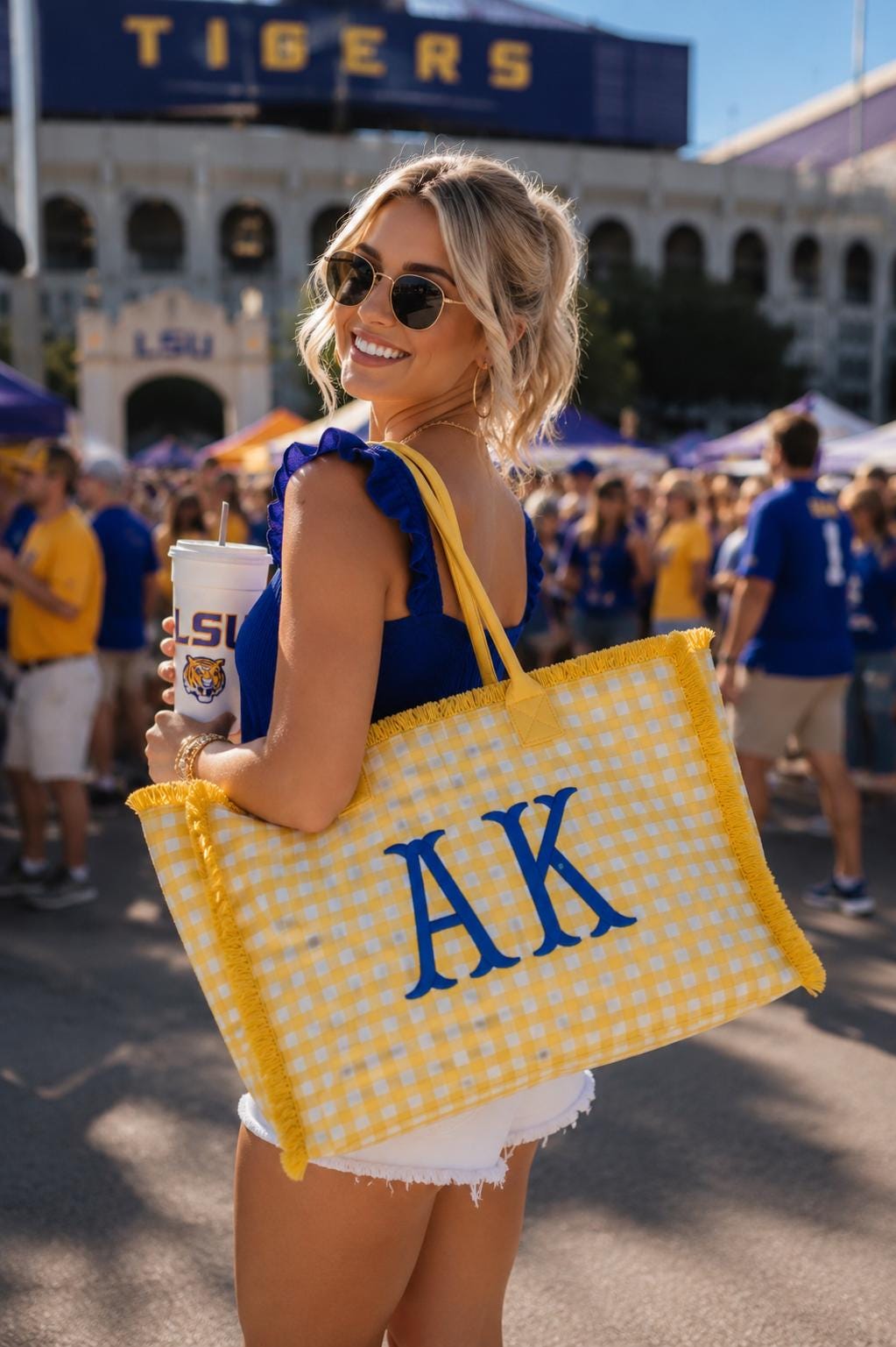 Personalized Yellow Gingham Tote Bag, Custom Name Embroidery, Frayed Trim Detail