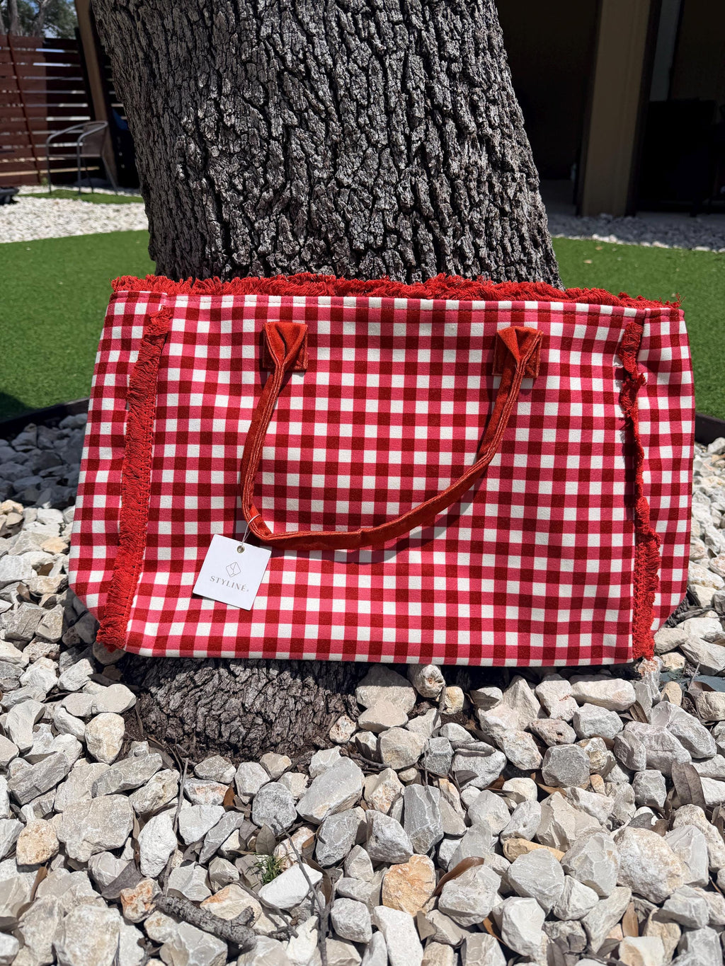 Personalized Red Gingham Tote Bag, Custom Name, Fringe Trim, Game Day, Rush Bag