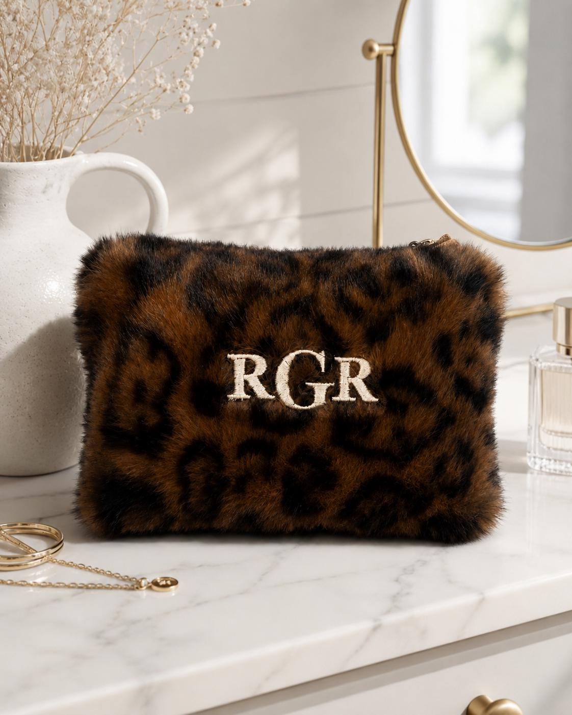 Personalized Leopard Faux Fur Makeup Bag, Custom Monogram Cosmetic Pouch (8.6" W x 5.1" H)