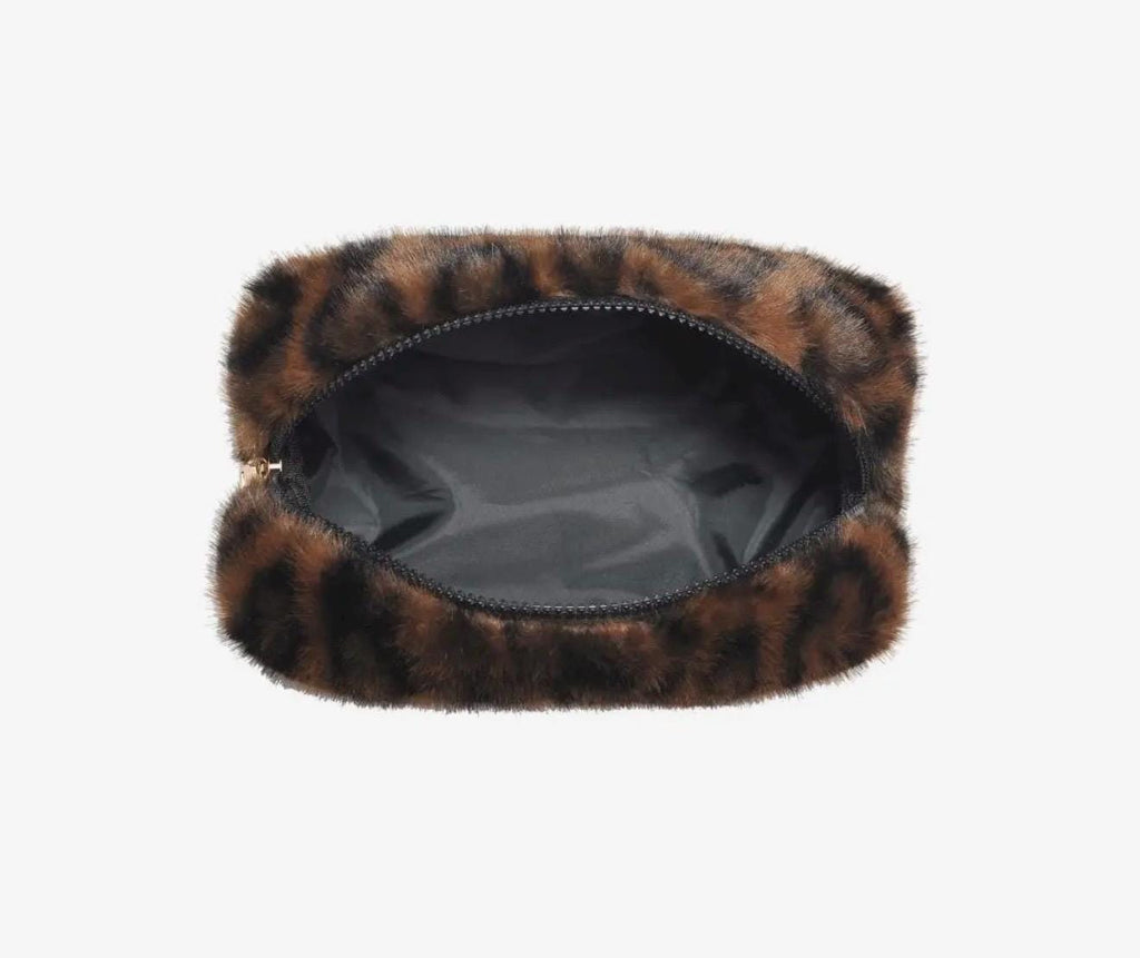 Personalized Leopard Faux Fur Makeup Bag, Custom Monogram Cosmetic Pouch (8.6" W x 5.1" H)