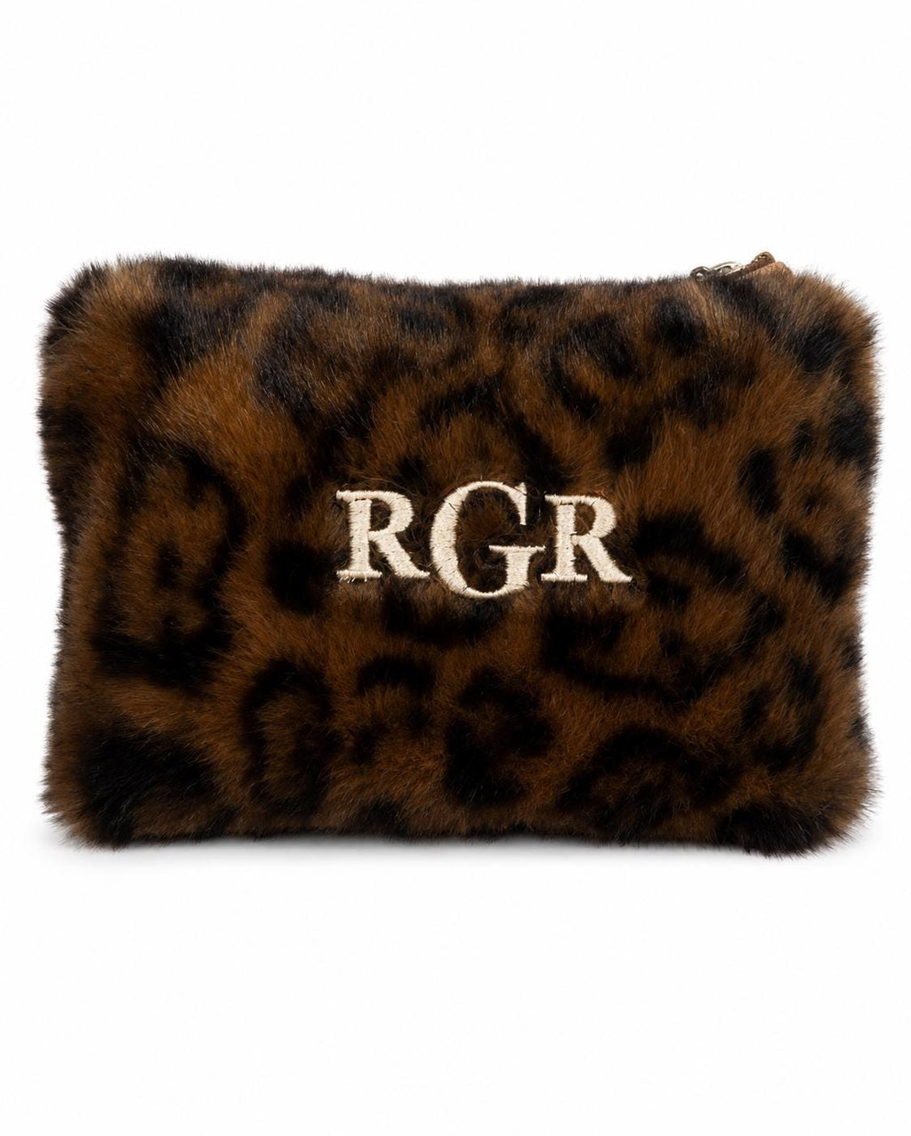 Personalized Leopard Faux Fur Makeup Bag, Custom Monogram Cosmetic Pouch (8.6" W x 5.1" H)