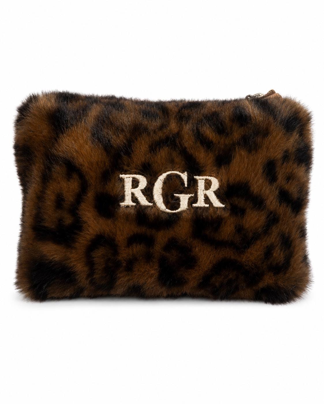 Personalized Leopard Faux Fur Makeup Bag, Custom Monogram Cosmetic Pouch (8.6" W x 5.1" H)