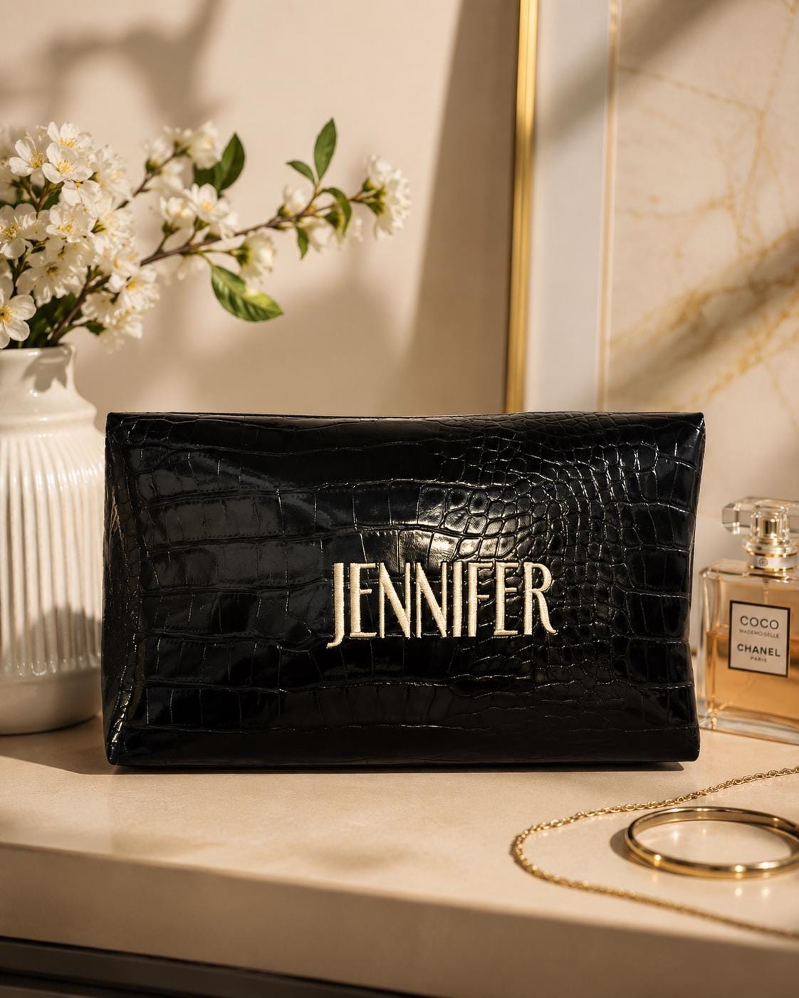 Personalized Croc Embossed Vegan Leather Cosmetic Bag, Custom Monogram Toiletry Organizer